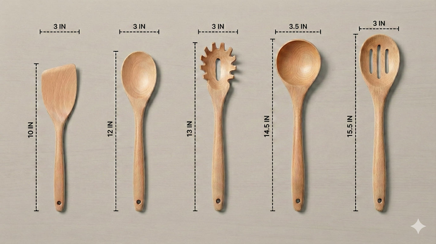 Set of wooden kitchen utensils with measurements on a beige background