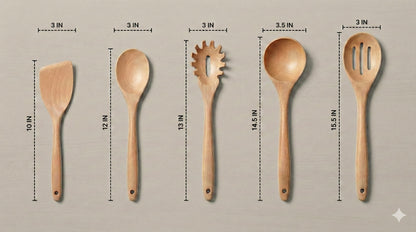 Set of wooden kitchen utensils with measurements on a beige background